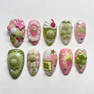 Cute Smiski Press On Nails, Pastel Strawberry Nails with 3D Charms, Green Pink Kawaii Nails, Cartoon Pastel Nails, Strawberry Dessert Nails