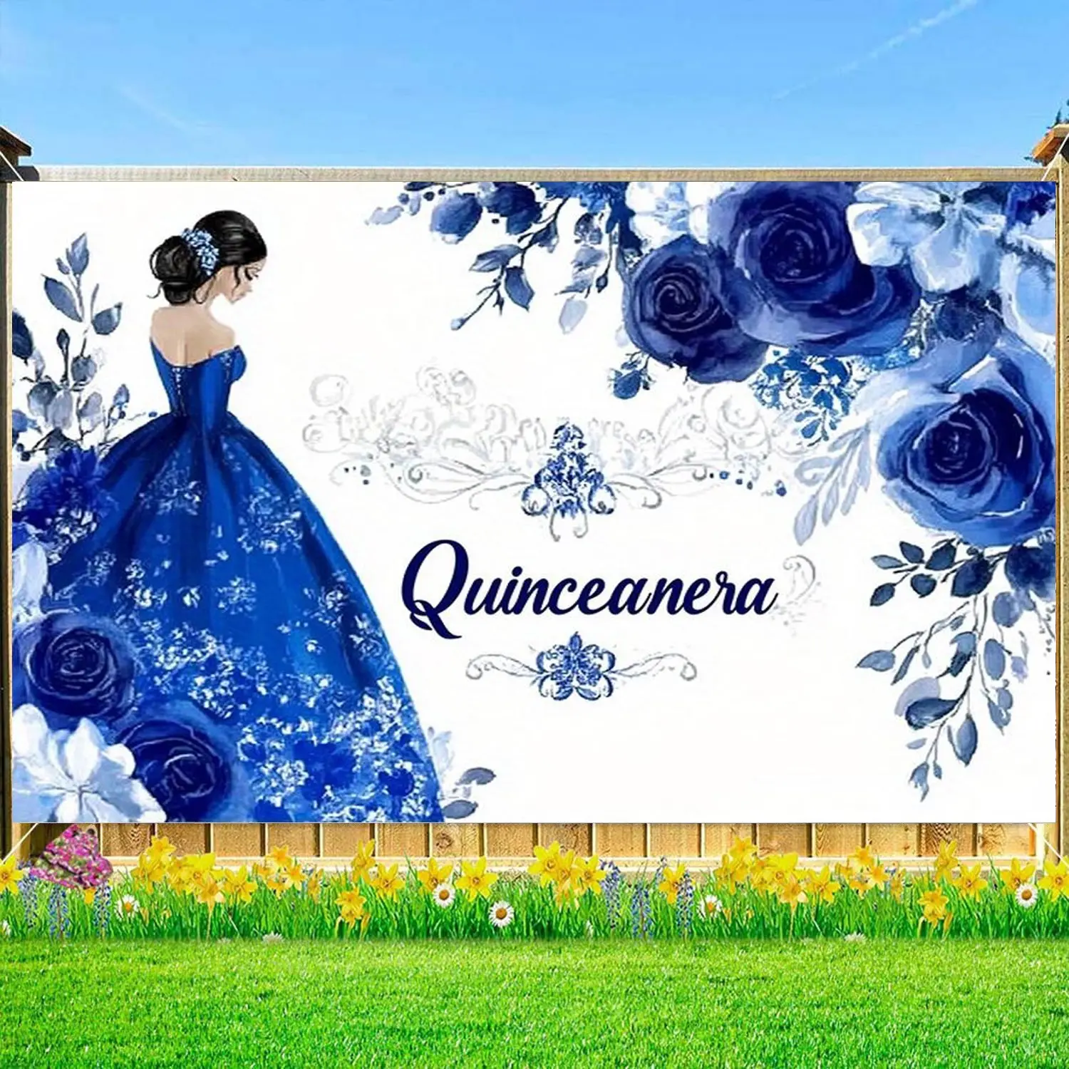 Elegant Blue Quinceanera Backdrop 230x180cm, Reusable Vinyl Background ...