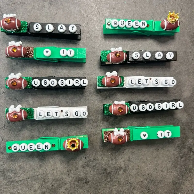 Football cheer Pins - Dance or Cheer team game day Handcrafted Wooden Clothespins with Glitter & Plastic Charms for Team Events - Set of 5 or 10 - Perfect for Games & Tournaments