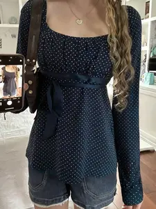 French Vintage U-Neck Polka Dot Bow Tie T-Shirt, Autumn New Casual Loose A-Line Slimming Long Sleeve Top, Elegant Patchwork Style