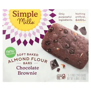 Simple Mills Soft Baked Almond Flour Bars, Chocolate Brownie, 5 Bars, 1.19 oz (34 g) Each