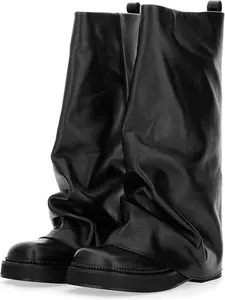 Women Slouchy Knee High Boots Casual Round Toe Pull On Riding Biker Boots Fold Over Chunky Low Heel Platform Boot