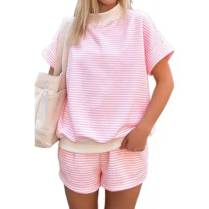 Women's 2-Piece Striped Casual Loungewear Set - Mock Neck Cuffed Sleeve Tee, Contrast Stripe Shorts for Summer Clothes