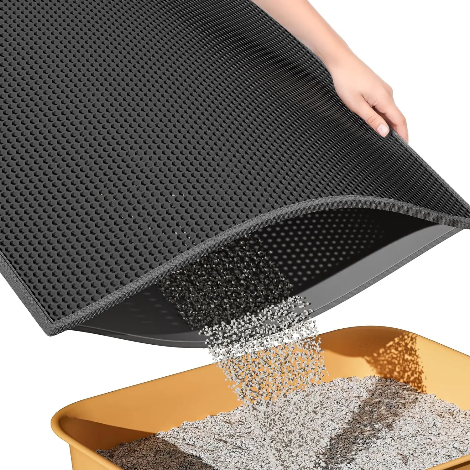 Cat Litter Mat - Synthetic, Durable Honeycomb Double-Layer Design, Easy to Clean, Washable (24' x 15' Black), 24X15 Inch