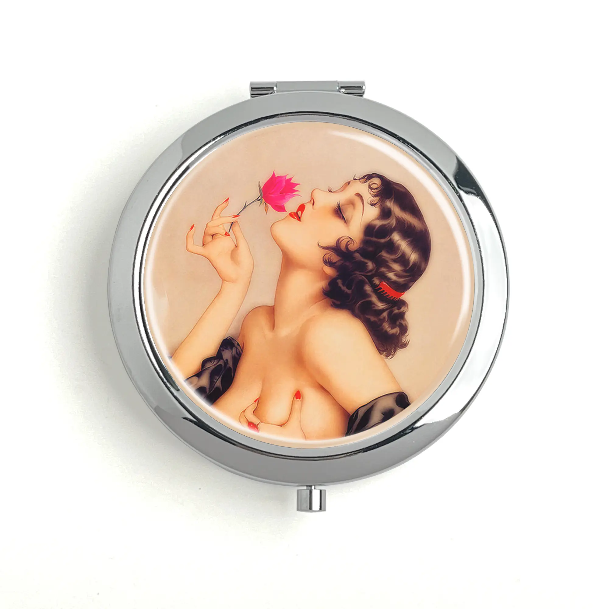 Memories of Olive by Alberto Vargas 1920 Pill Box Travel Pill Box Vitamin Storage Box Metal Makeup Mirror with Unique Design