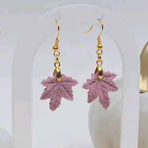 Leaf Earrings - Fall Polymer Clay Earrings Handmade Maple Leaf Dangle Lightweight Statement Jewelry Stainless Steel Hooks Autumn Gift Light Purple Soft Feminine