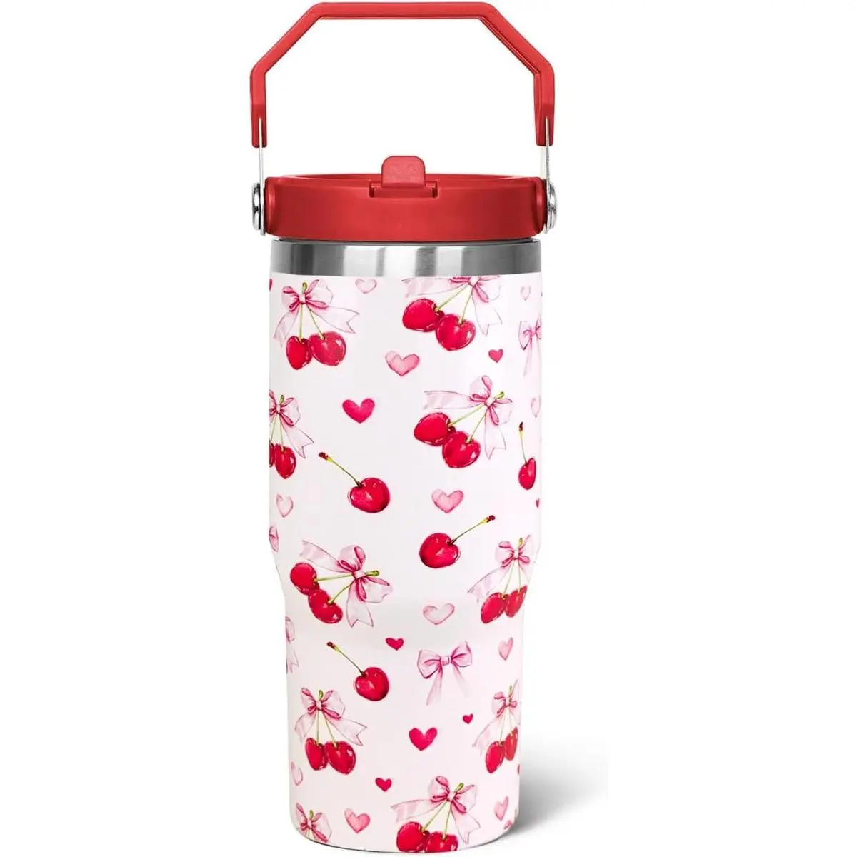 30oz Stainless Steel Insulated Cherry Flip Tumbler Mug - Portable Coffee Travel Water Bottle Set with Silicone Handle, Lid, Valentine & Birthday Gift for Women’s Kitchenware Drinkware Accessories
