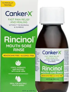 Canker-X Rincinol Oral Rinse Mouthwash, Quick Pain Relief from Canker Sores, Mouth Burns & More, Benzocaine Free & Alcohol Free Mouthwash, Adults & Kids 6+ Years, 4.0 Fl. Oz.