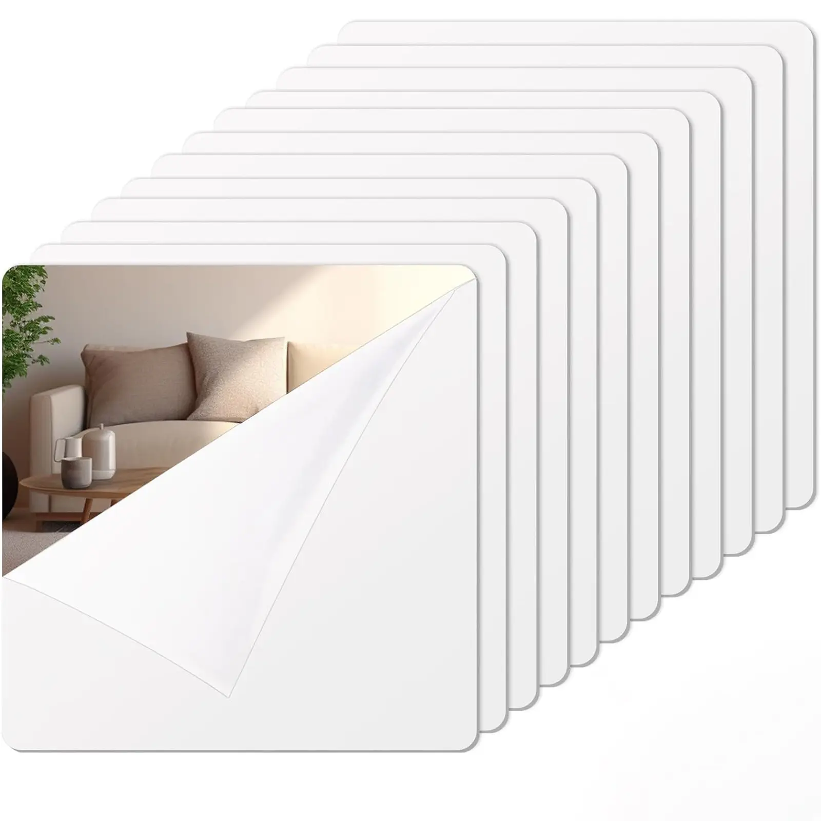 Flexible Plastic Mirror Lens 6/12 Pack Self-Adhesive Acrylic Wall Decor, Wall Stickers, Wall Decal, Frameless Small Mirrors (5.9 X 5.9 Inches) Compact Size Easy Installation