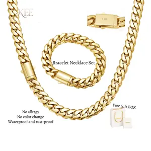 【Set】14K Gold Plated Steel Stainless Cuban Necklace Bracelet Set Vacuum Stainless Steel electroplating gold-plating process for rust prevention Miami hip-hop style fashion items  for Women & Men Daily Wear Fashion Gift Simple Sporty