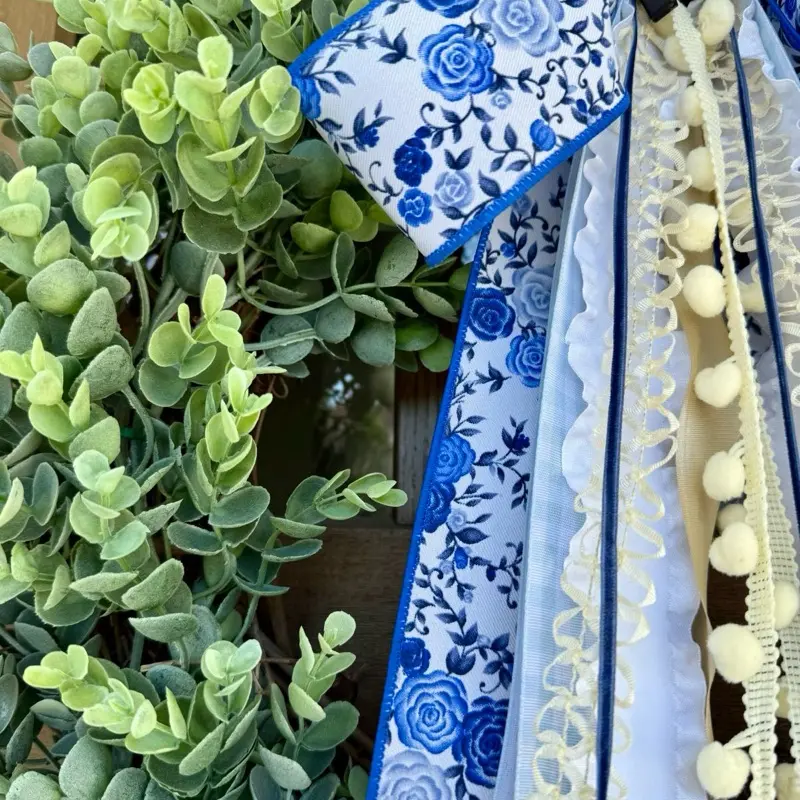 Blue Floral Ribbon Bundle with Bow and Attached Clip - Includes Ribbon, Bow, and Clip for Versatile Use