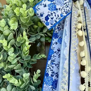 Blue Floral Ribbon Bundle with Bow and Attached Clip - Includes Ribbon, Bow, and Clip for Versatile Use