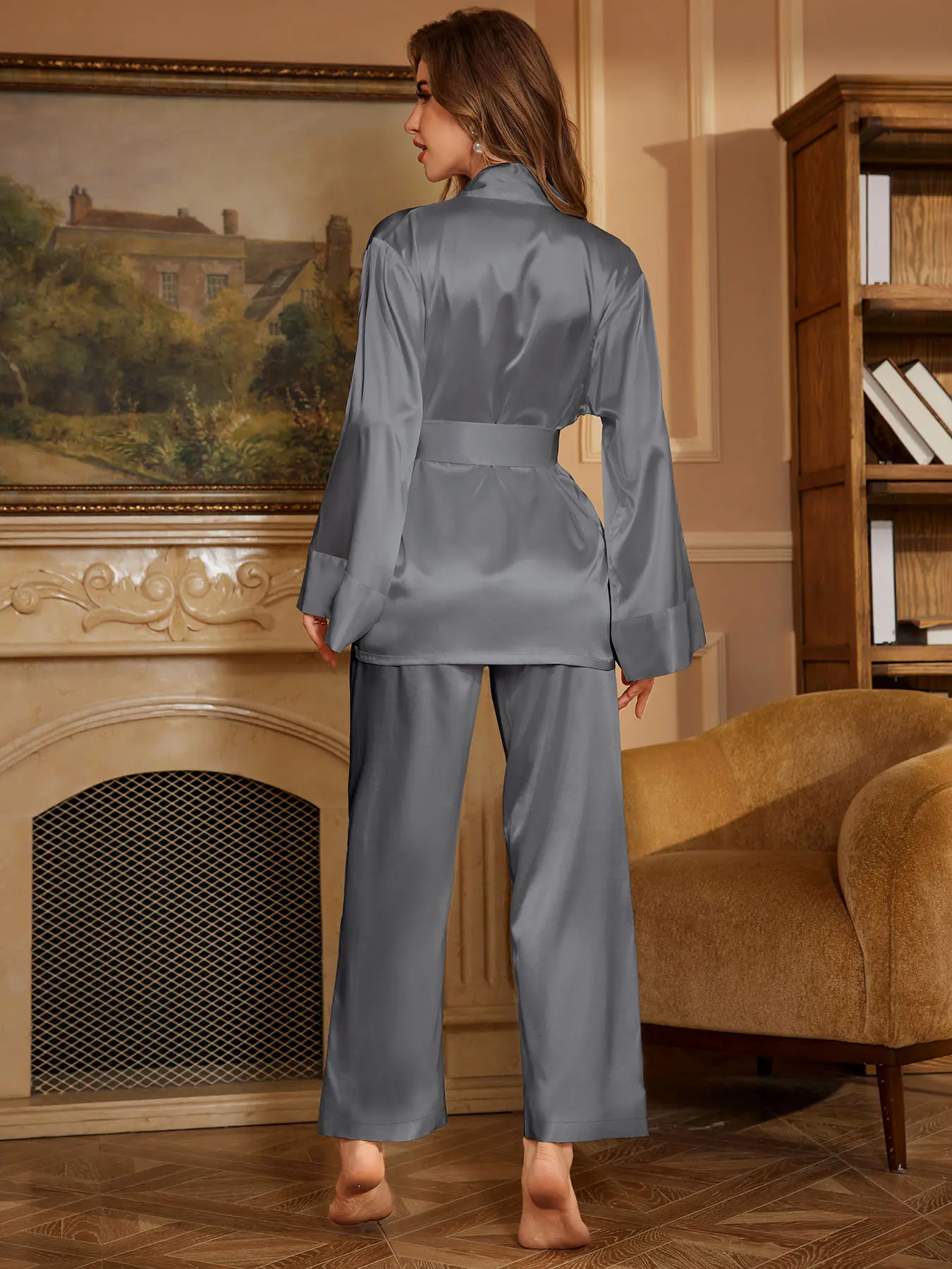 Women's Premium Satin Pajama Set, Ultra-Soft Silky Smooth Fabric, Wrap Robe & Wide Leg Pants Loungewear, Elegant Sleepwear for Daily Home, Special Dinner, Bridal Shower, Holiday,