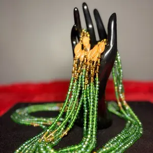 Auntie Ama Green Personal Growth Crystal Waist Beads with Gold Accents and Beige Stones