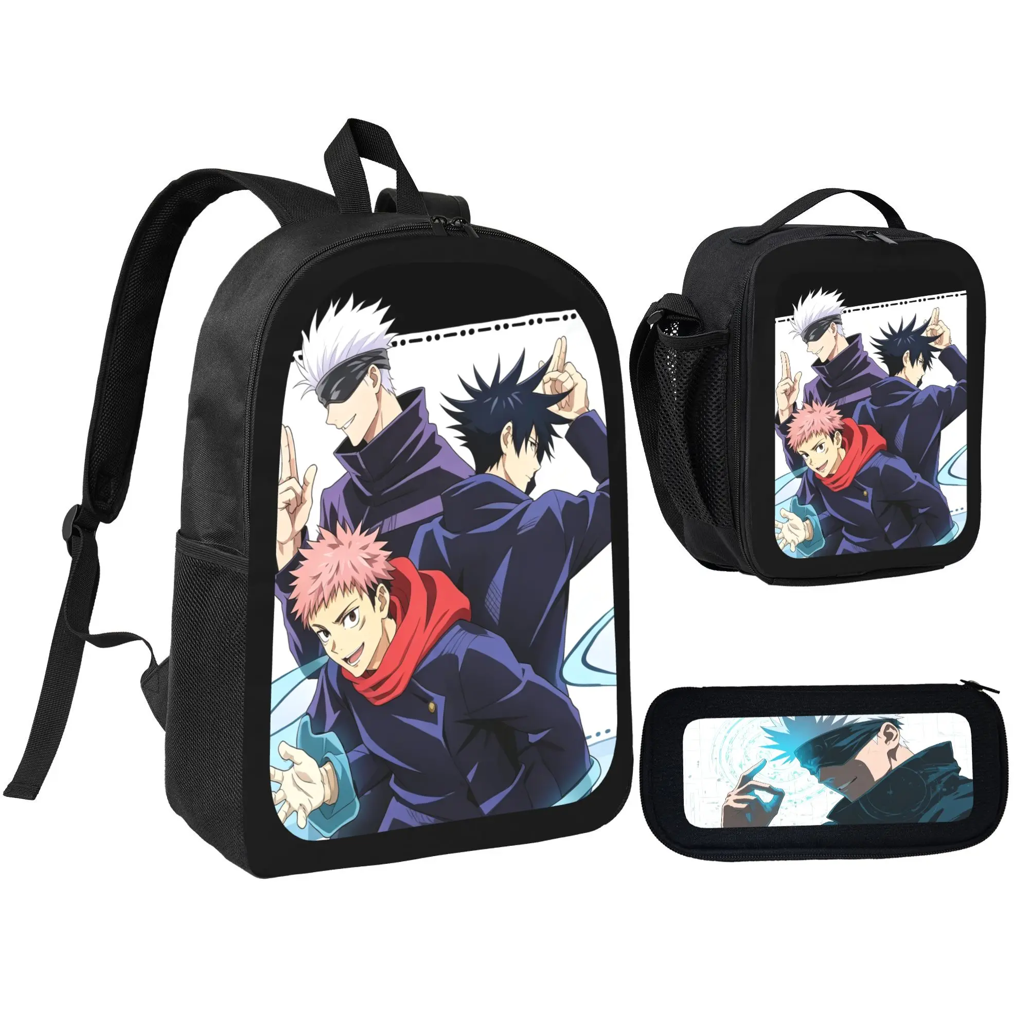 Jujutsu Kaisen Anime Backpack Set, 3 Piece School Bag Set with Lunch Box & Pencil Case, Gojo Inspired Manga Backpack for Anime Fans