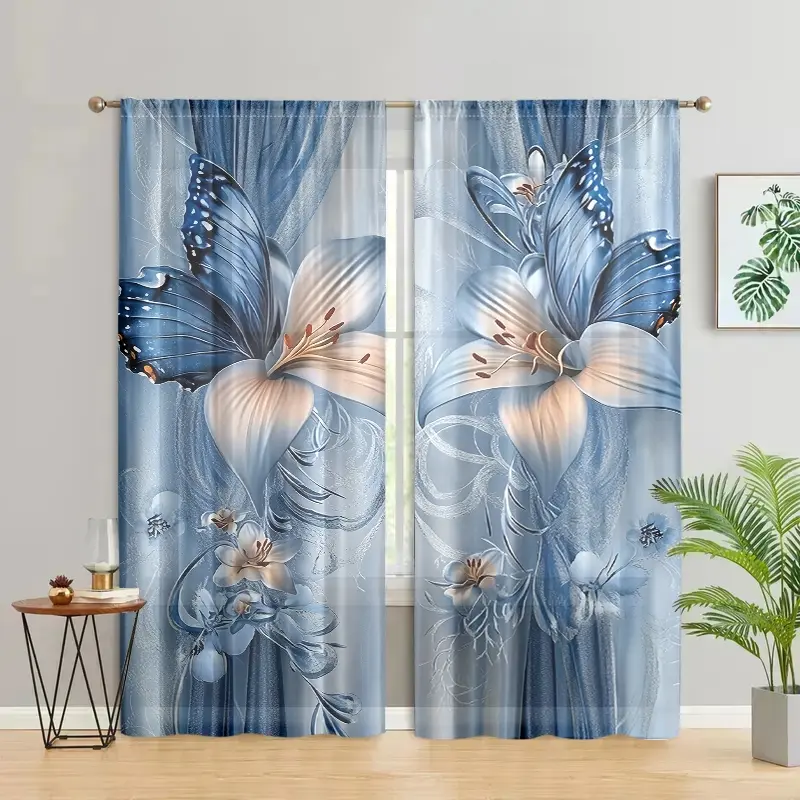 1 set of 2, Sheer printed curtains, butterfly printed curtains, semi transparent polyester fiber, top perforated, suitable for home decoration in living rooms, bedrooms, anti privacy, easy to clean, Home Decorative Curtain, Home Textile