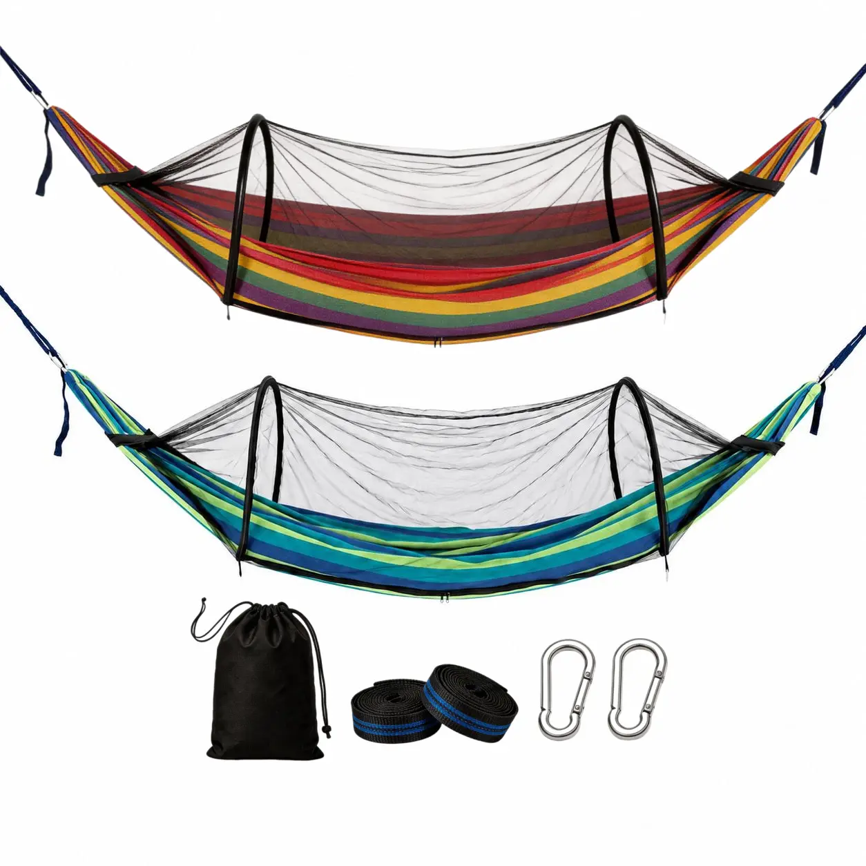 Anti-Tip Anti-Mosquito Canvas Hammock for Outside, Heavy-Duty Camping Hammock (Solo/2-Person Use), 660 Lbs / 300 Kg Capacity, Built-In Support Rods, Includes Tree Straps, Carabiners, Mesh Pocket, Storage Bag, 114 In / 290 Cm×55 in, Blue/Red Stripe