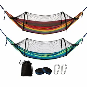 Anti-Tip Anti-Mosquito Canvas Hammock for Outside, Heavy-Duty Camping Hammock (Solo/2-Person Use), 660 Lbs / 300 Kg Capacity, Built-In Support Rods, Includes Tree Straps, Carabiners, Mesh Pocket, Storage Bag, 114 In / 290 Cm×55 in, Blue/Red Stripe