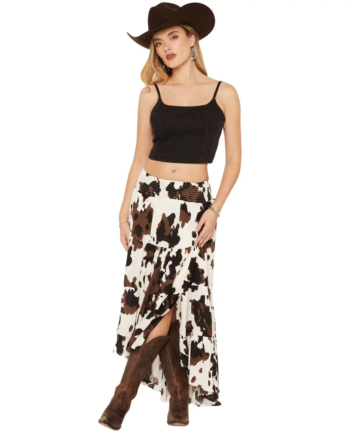 Wild Moss Women's Women'S Cow Print Tiered Front High Low Midi Skirt - Ima5735b-W2053