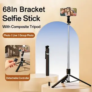 68in Extendable Professional Selfie Stick Tripod with Wireless Remote Control, 360-Degree Rotation, Stable Anti-Shake Plastic Accessory for Live Streaming, Travel Vlogging (iPhone, Android Smartphones), Accessories