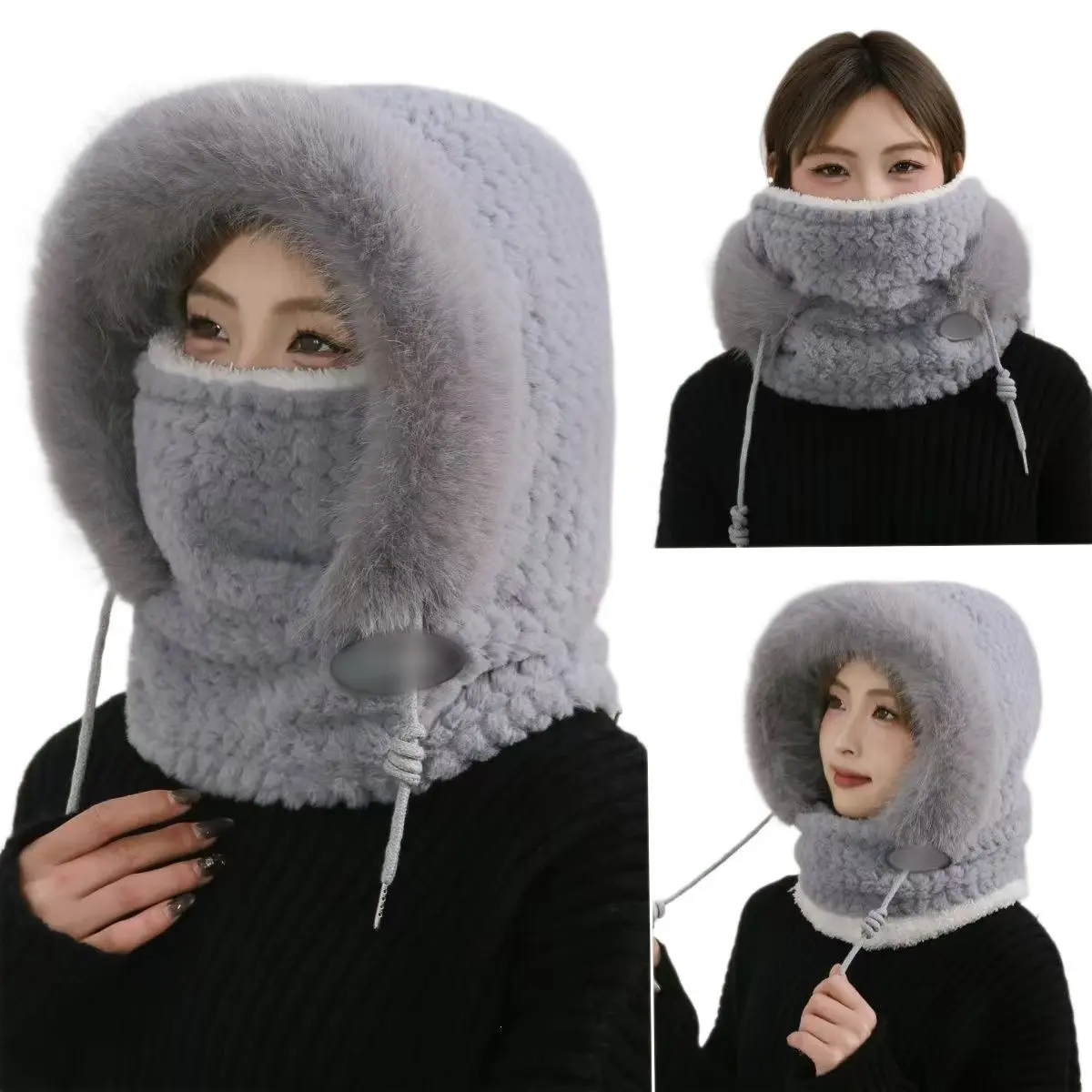 Women's Fleece Lined 3-in-1 Hat Scarf Gloves Set, Thick Warm Windproof Hooded Neck Warmer, Cozy Cold Weather Headwear for Cycling, Fall Winter Outdoor Daily Wear