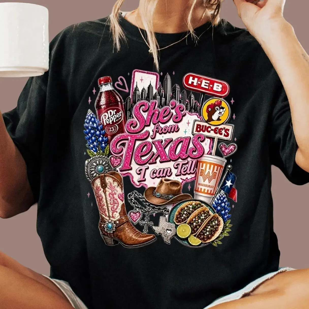 She's From Texas Graphic Tee, She is From Texas I Can Tell T Shirt, Girly Western Texas Shirt Design, Bluebonnet Cowboy Boots Collage Shirt