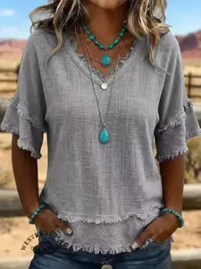 V Neck Pullover Short Sleeve Shirt, Women'S Loose Casual Blouse, Fashion Daily Women'S Tops, Tops For Women, Women's Clothing