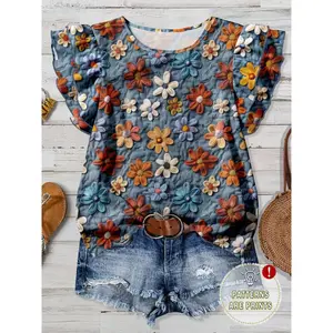 Floral Print Short-Sleeve Blouse, Round Neck, Plus Size Casual Loose Fit Tops, Lightweight Breathable Fabric, Y2K Clothes Summer Outfits, Vacation Wear, Relaxed Fit Work Casual Shirts for Women, Stylish 3D Flower PatternRAIMENTRY