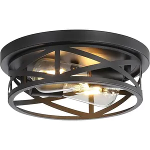 Industrial Round 2-Light FlushMount Ceiling Lights, Metal CageHallway Light Fixtures, CeilingMount Suitable for FarmhouseEntryway, Kitchen & Hallway