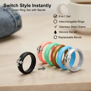 6-in-1 Interchangeable Cross Ring Set | Stainless Steel Cross Charm with 5 Replaceable Silicone Bands