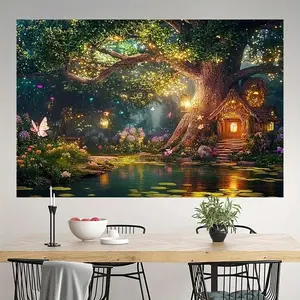 [1Pc Vibrant Polyester Tapestry] Vibrant Polyester 1Pc Whimsical Fairy Forest Wonderland Tapestry |   Wall Hanging With Enchanted Tree, Cottage, And Magical Glow |   Perfect For Living Room, Bedroom, Office Decor boys and girls room decor