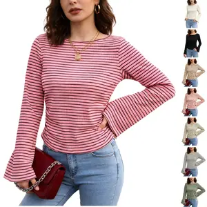 Molitree Womens Long Sleeve Shirts 2026 Spring Crop Going Out Tops Casual Boat Neck Bell Sleeve Ribbed Ruched Y2K Clothes