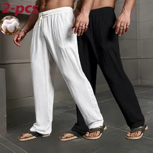 2-piece men's cotton linen drawstring pants, men's long pants, all-season casual pants, everyday leisure wear, weekend outings, linen blend, solid color, knit fabric, yoga and beach pants, autumn style, a great gift for boyfriend or husband