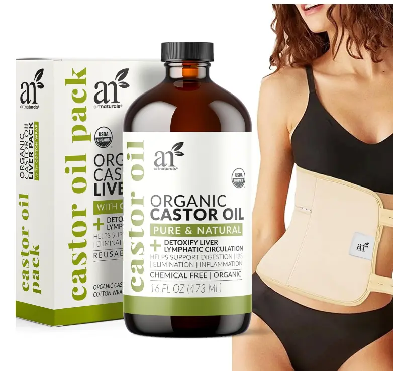 ArtNaturals Organic Castor Oil Liver Pack with Cotton Wrap – Cold Pressed Organic Castor Oil 16 fl oz (473 mL) & Reusable Adjustable Wrap for Self-Care, Relaxation, Skin Moisturizing & Overnight Use