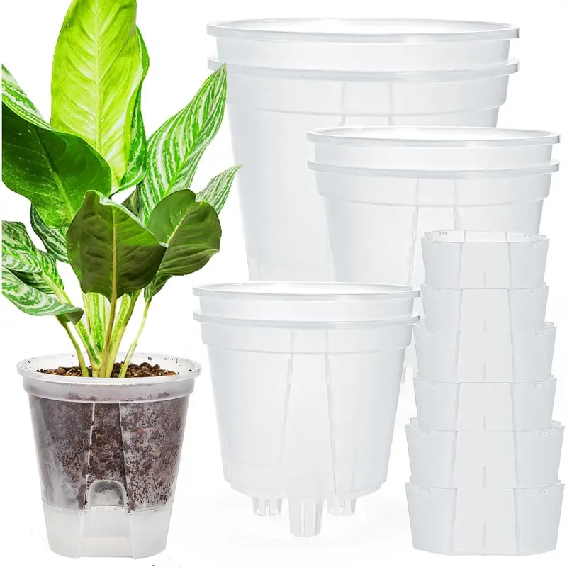 6 Pack Self Watering Pots with Reservoir Tray and Holes, Clear Plastic Self Watering Planters for Indoor/Outdoor Plants Flowers, Round 4.75" 6" 7"