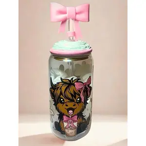 Highland Cow Girl Glass Can Tumbler with Pink Bow Lid & Straw Topper – 16oz