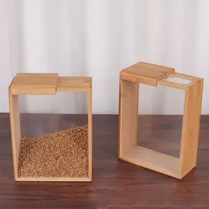 Wooden Food Distributor 3L, Kitchen Storage Container for Rice Pasta Grains Snacks, Sealed Storage Jar with Transparent Lid