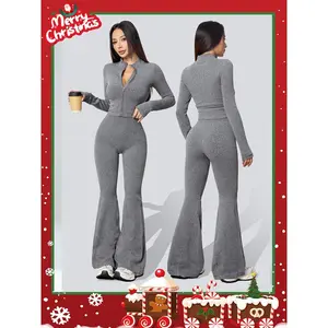 Women's Two-Piece Set, Sweatsuit Matching Set, Autumn Winter Knit Ribbed Jacket & High-Waisted Flare Pants, Casual Fitted Yoga Gym