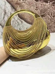 Luxury Rhinestone Fringe Metal Evening Clutch Bag, Shiny Handbag for Prom, Wedding & Party, Round Handle Clutch for Formal Events, Bling Evening Bag