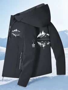 Men's High-Quality Windproof Hooded Jacket, Mountain Reflective Print, Full Zip Ski Coat, Winter Outdoor Activities