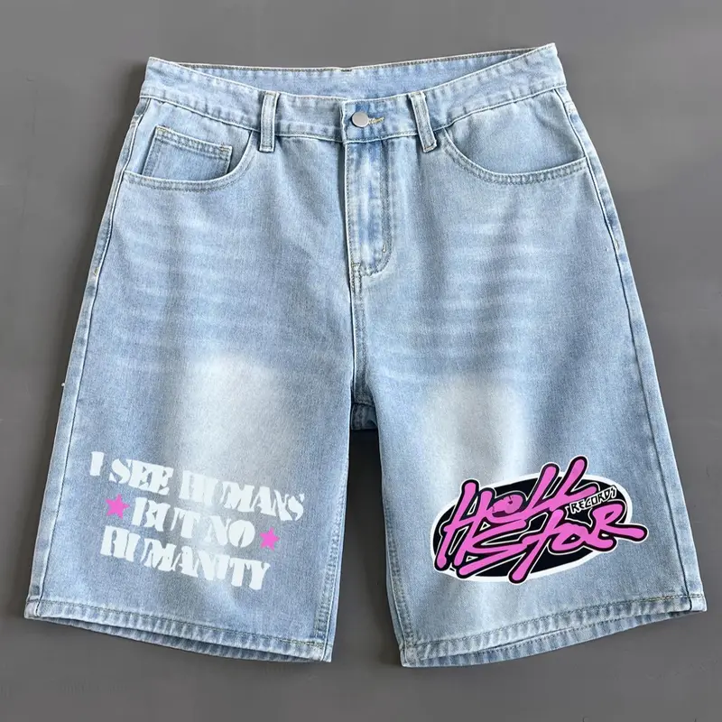 Men's Colorblock Letter Print Denim Jean Shorts, Casual Relaxed Loose Fit Distressed Shorts for Summer, Fashion Men's Bottoms for Daily Wear, Cotton, Graphic Shorts