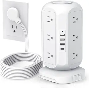 Tower Power Strip Flat Plug with 12 Outlets 4 USB(1 USB C), Surge Protector  Station with Overload Protection, Widely Spaced Multiple Outlets 10Ft Extension Cord for Home, Dorm,Office