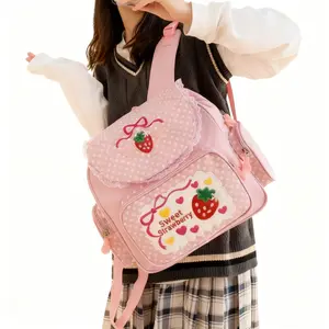 Pink Kawaii Strawberry Embroidered Storage Bag Cute Backpack for Girls & Teens Essentials Organizer