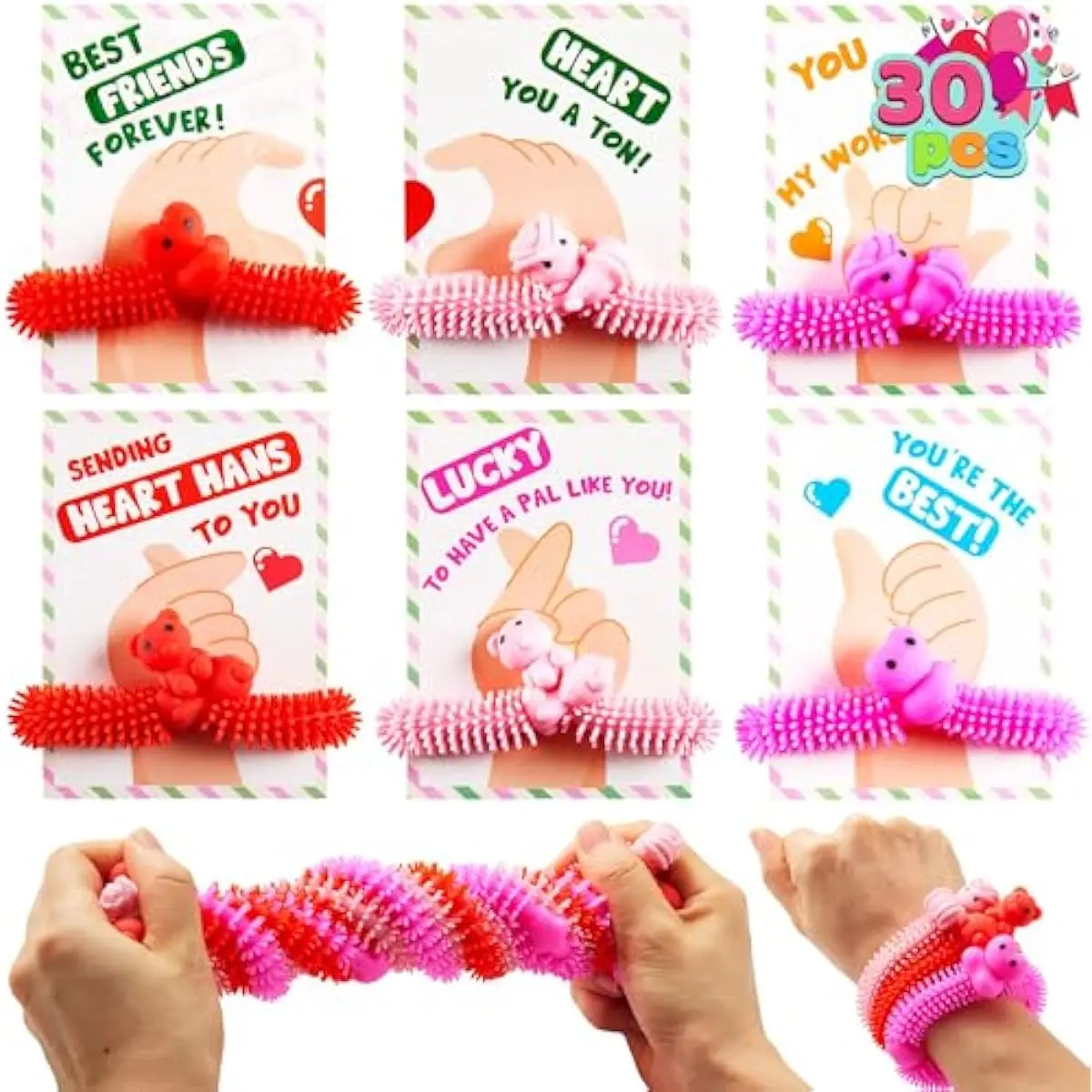 30 Pcs Valentines Day Gift Cards with Multi-color Stretchy String Toys Set , Finger Heart Cards with Noodle Toys Pink Valentines Day Sensory Stress Toys for Kids Classroom Prize Party Favors