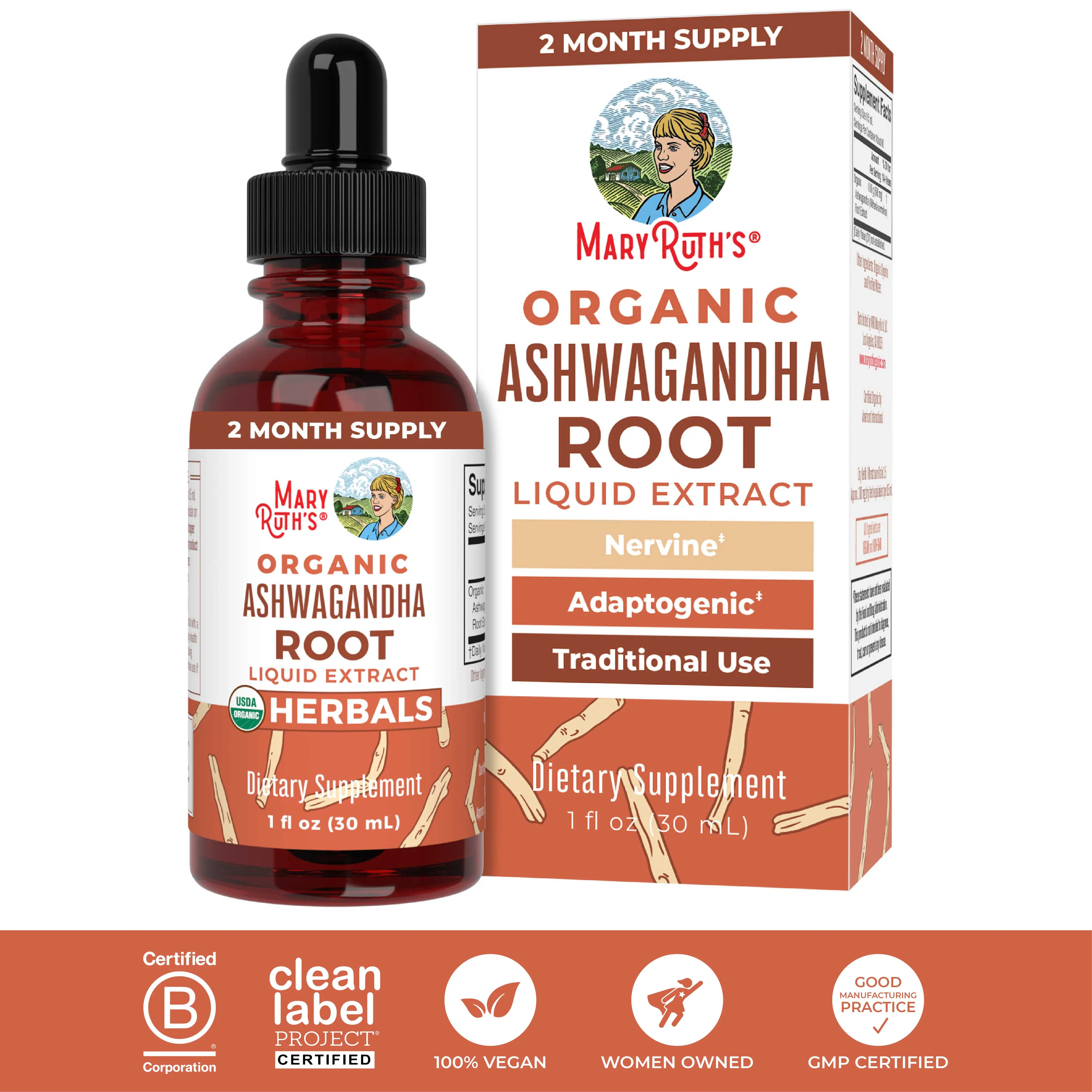 MaryRuth's Organic Ashwagandha Root Liquid Drops - Healthy Stress Levels - Cognitive Support - Adaptogenic - Nervine - Vegan - Non-GMO - 60 Servings