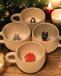 Handmade Ghibli Character Mugs-Ceramic Cups with Totoro, Calcifer, No Face, and Jiji-Handmade Mug-Perfect Gift for Ghibli Fans-Home Decor