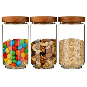 3-Pack 25 fl oz/750ml BPA-Free Clear Glass Food Storage Jars - Leak Proof Acacia Wood Lids with Silicon Seal, Microwave-Safe Food Safe Wide Mouth Containers for Pantry Organization, Gummies, Flour, Coffee & Kitchen Snacks, Aesthetic Kitchen Meal Prep Jars