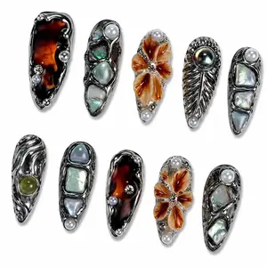 Midnight Opal Relic Press On False Nails - Vintage Chrome Shell, Amber Floral, Gothic Luxury Nail Art Set for Beauty & Personal Care
