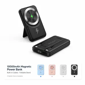 10000mAh Magnetic Wireless Power Bank, Portable Charger with Built-in Dual Cables, LED Battery Display & Foldable Stand, USB-C Battery Pack for iPhone Samsung Android Phones, Compact Travel Charger