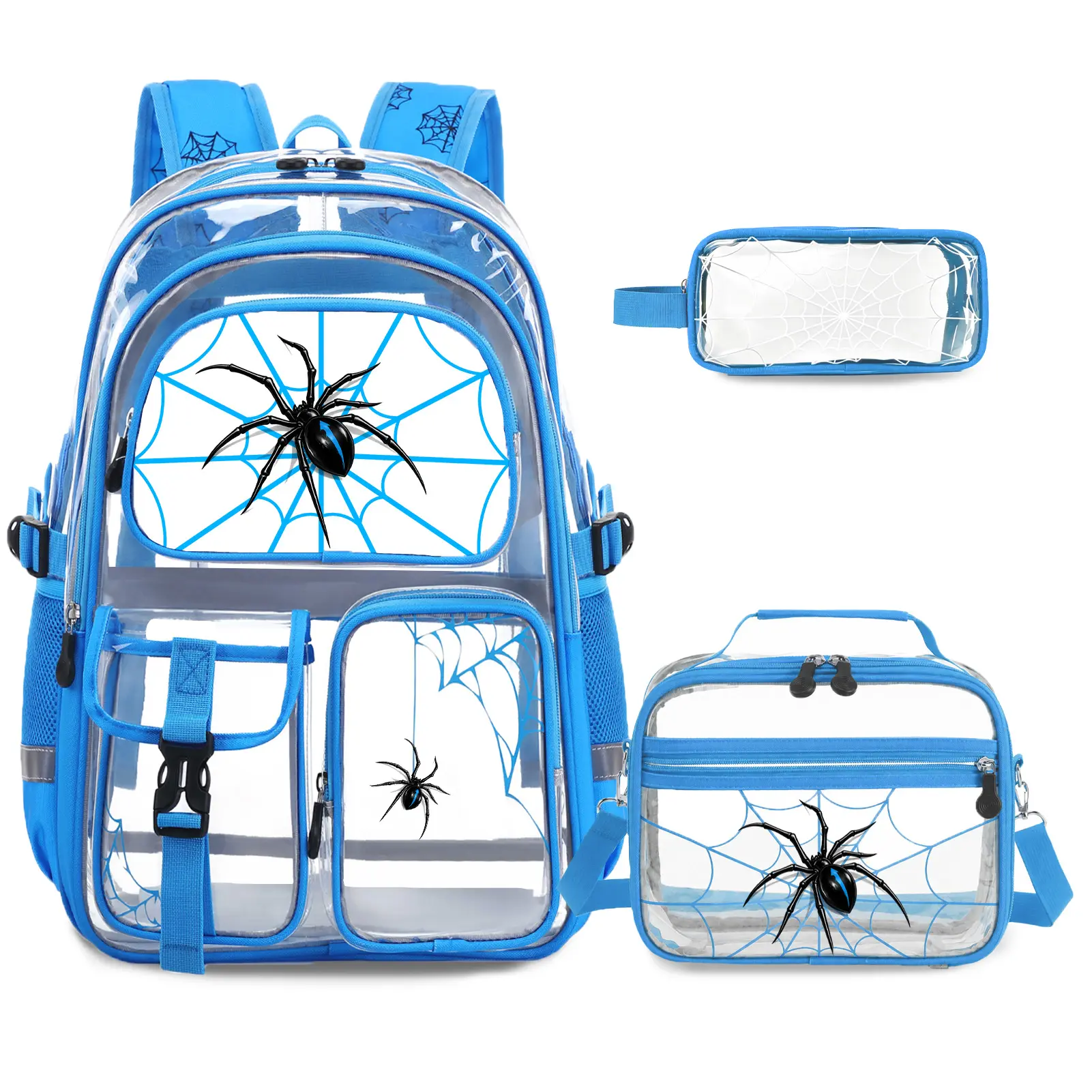 [Auction Only-S2] SIMILOVE Spider Web Clear Backpack for Boys with Kids Headphones, 4PCS Luminous Heavy Duty PVC School Bag Set with Lunch Bag & Pencil Case, Waterproof Transparent Bookbag for School, Travel, Stadium,sohochic